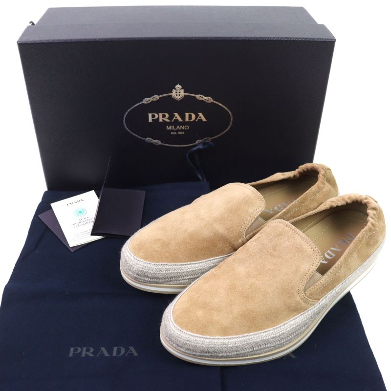 Prada 2dg126 Suede Leather Shoes Slip-on Natural 6.5 With Box And Storage Bag