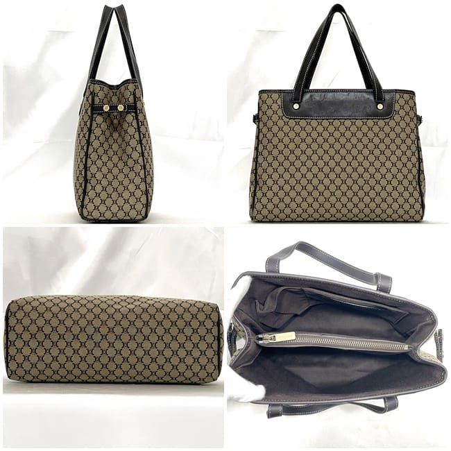 Celine Handbag Beige Brown Macadam Excellent Condition Canvas Leather