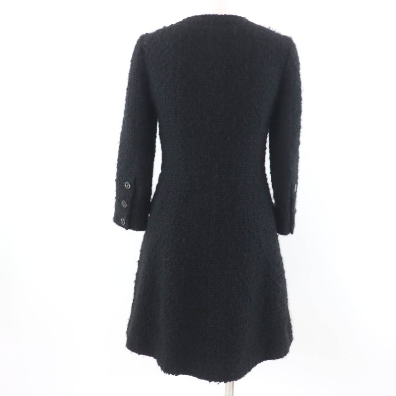 CHANEL P46625v28631 Wool Tweed Coat With Coco Mark Buttons Black 34 Made In