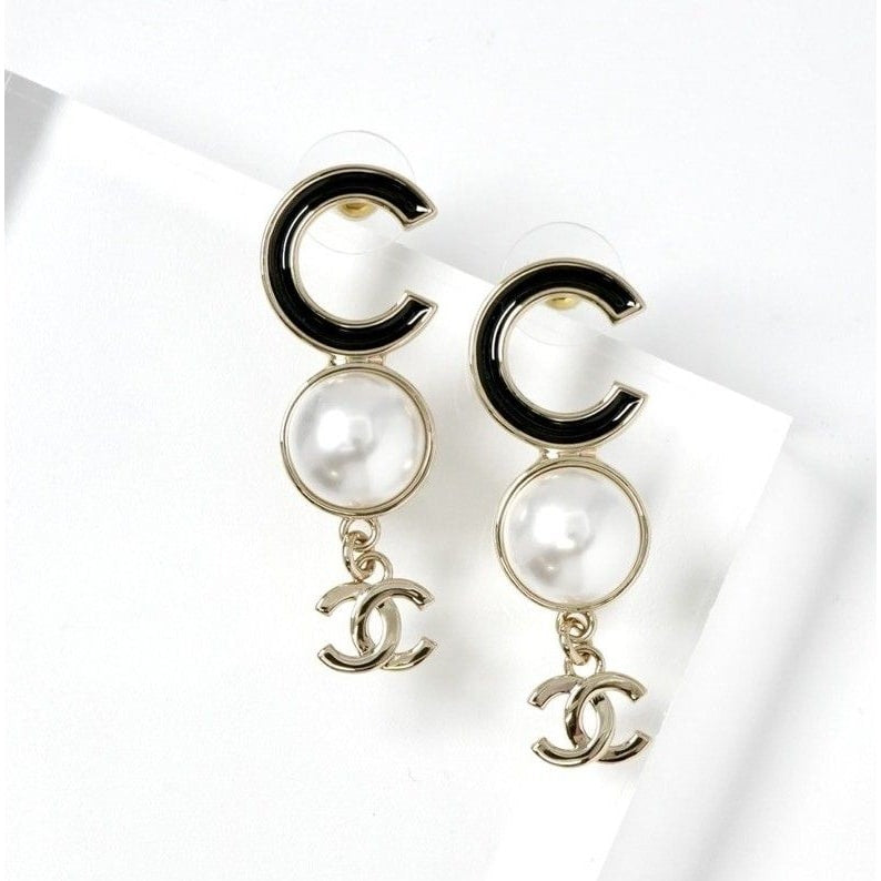 Chanel Earrings Gold Black Coco Mark Logo Pearl