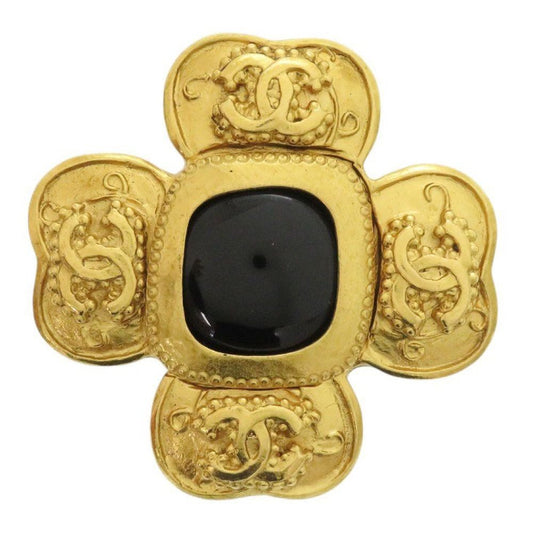 Chanel CC Logo Vintage Clover Stone Metal Gold Brooch