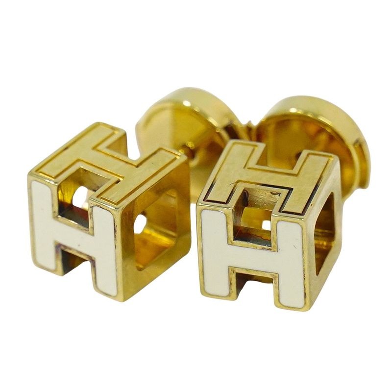 Hermes H Cube Earrings GP Gold Plated Ivory Accessories Jewelry