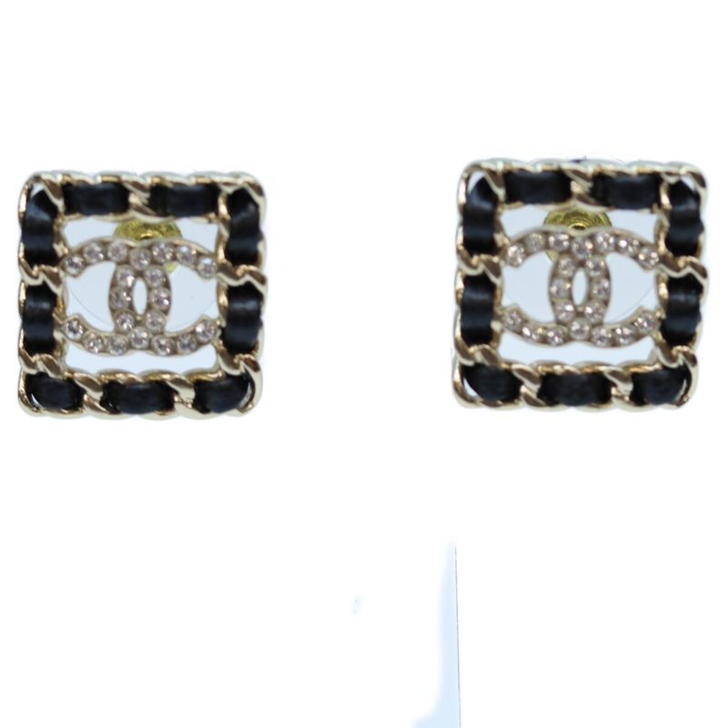 Chanel B21V GP Rhinestone Braided Square Earrings Chain Leather Black Earrings