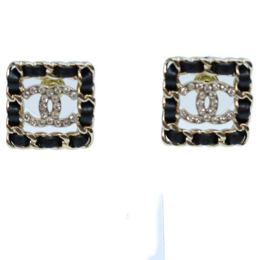 Chanel B21V GP Rhinestone Braided Square Earrings Chain Leather Black Earrings