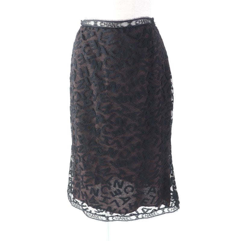 Chanel Vintage 98 A all Logo Lace Knee Length Tight Skirt Black 38