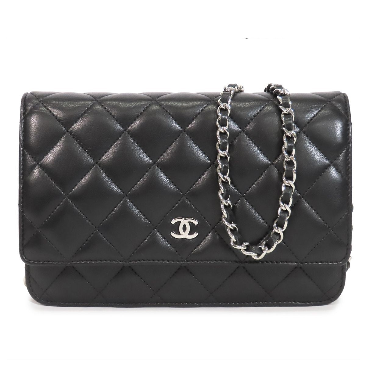 Chanel Chain Wallet Black Silver Lambskin Quilted Pochette Shoulder Bag