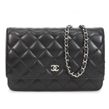Chanel Chain Wallet Black Silver Lambskin Quilted Pochette Shoulder Bag