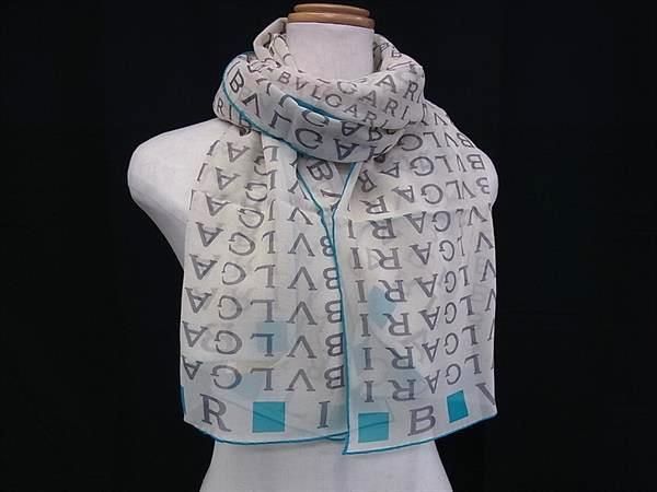 Bvlgari 100% Silk Scarf Shawl Stole Women Beige And Blue Fm2094