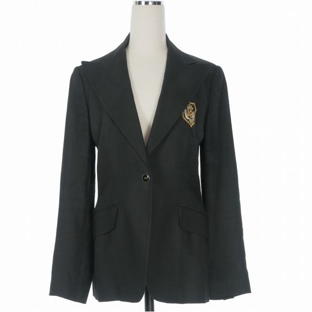 Dolce & Gabbana Logo Patch Linen Tweed Jacket Black Long Sleeve 42