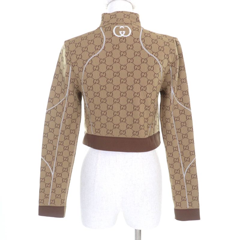 Gucci 23SS 715524 GG Pattern Half Zip Cropped Jersey Top Beige Brown M Made In
