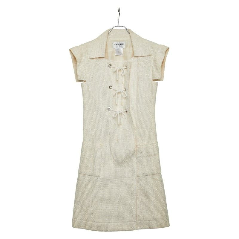 Chanel Tweed Dress Size 34 White Cotton Silk Linen