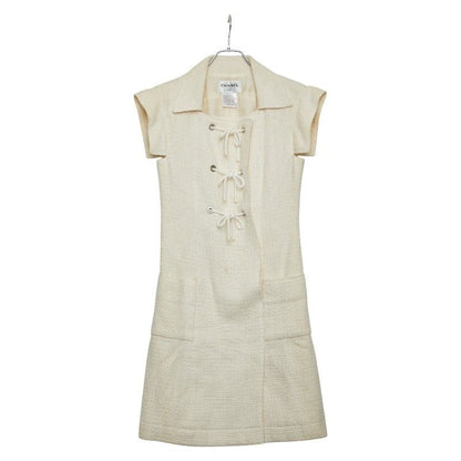 Chanel Tweed Dress Size 34 White Cotton Silk Linen