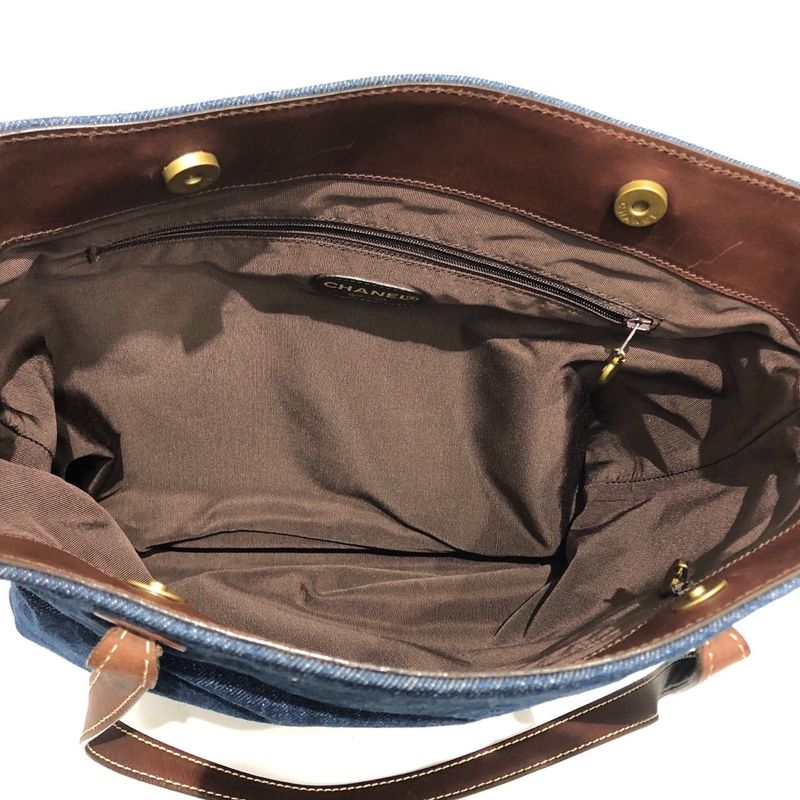 Chanel Tote Bag Denim Blue Coco Mark 5th Shoulder Bag Leather Brown Preowned