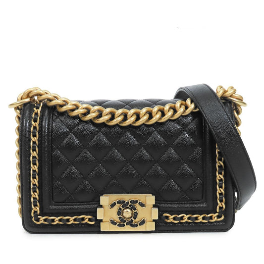 Chanel Boy Black Gold Caviar Leather Small 20 Shoulder Bag