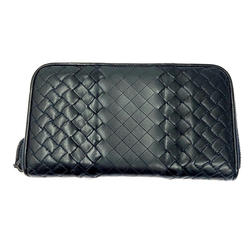 Bottega Veneta Leather Intreccio Imperatore Round Zipper Long Wallet Black
