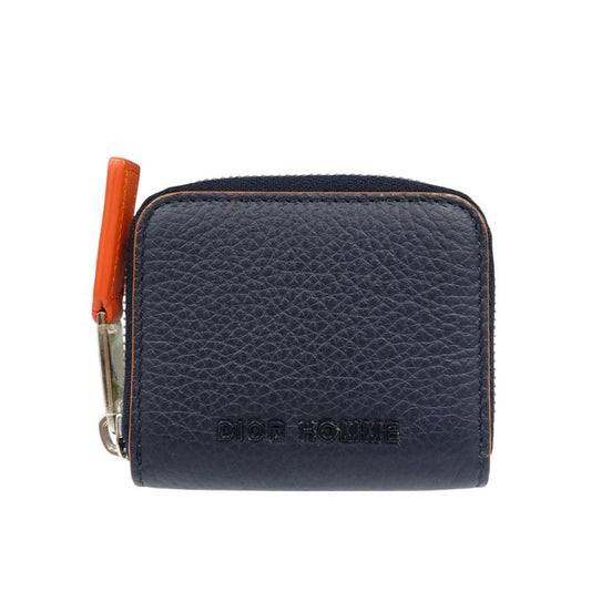 Dior Homme Leather Silver Hardware Navy Orange Round Zipper Coin Case 0559