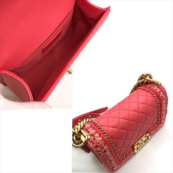 Chanel CC Logo Tweed Lambskin Chain Shoulder Bag Pink Gold