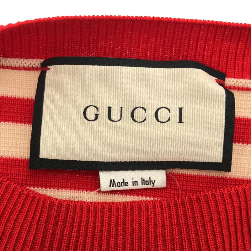 Gucci GG Metal Button Half Sleeve Striped Knit Sweater 572594 Red and Ivory M