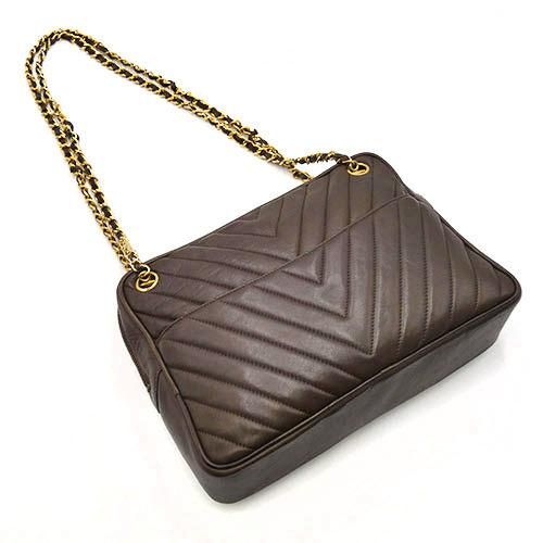 Chanel Double Chain V-stitch Lambskin Brown Shoulder Bag Gold