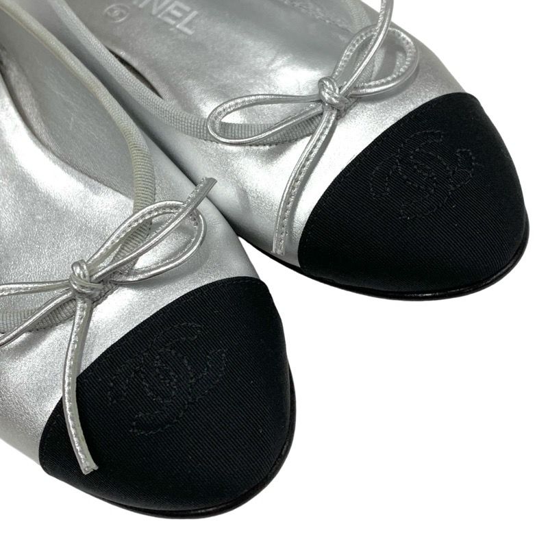 Chanel Flat Shoes Leather Fabric Silver Black Ballet Shoes Ballerina Coco Mark