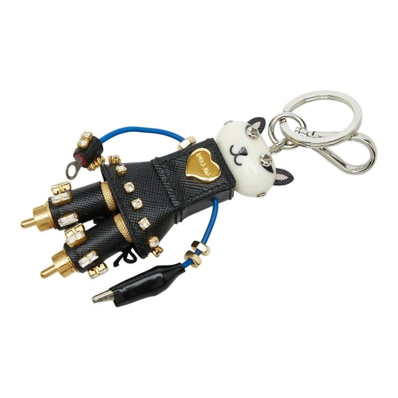 Prada Cat Robot Key Holder Black Leather Line Stone Plated