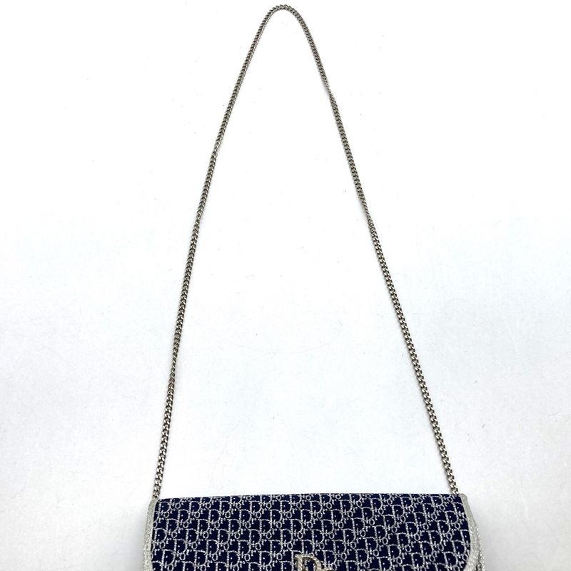 Christian DIOR Chain Shoulder Bag Lame Thread Canvas Navy Women