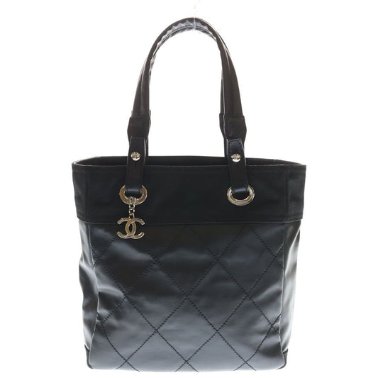 Chanel Paris Biarritz PM Quilted Tote Black Leather Canvas Silver