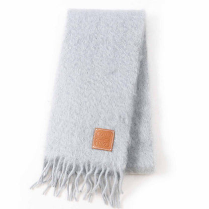 LOEWE Mohair Wool Anagram Leather Patch Fringed Scarf Light Gray Made In Spain