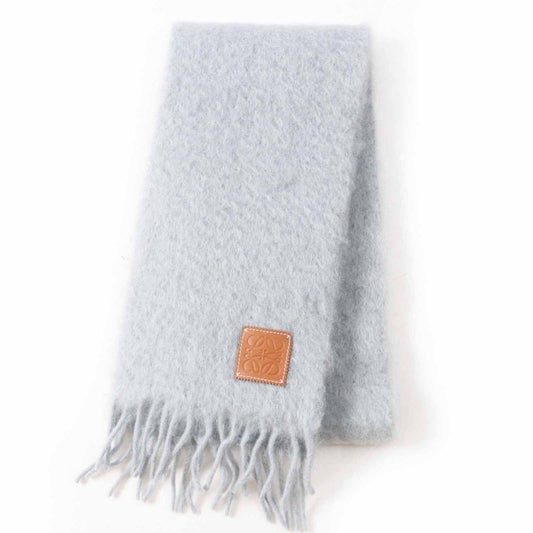 LOEWE Mohair Wool Anagram Leather Patch Fringed Scarf Light Gray Made In Spain