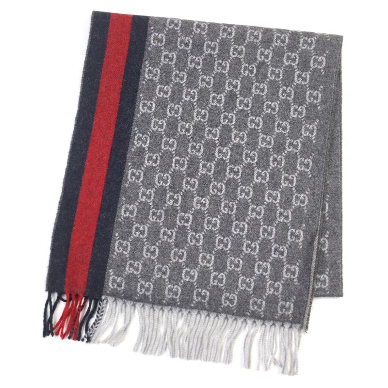 Gucci 391531 Cashmere 50% GG Logo All-over Webline Fringed Scarf Grayish 35 X