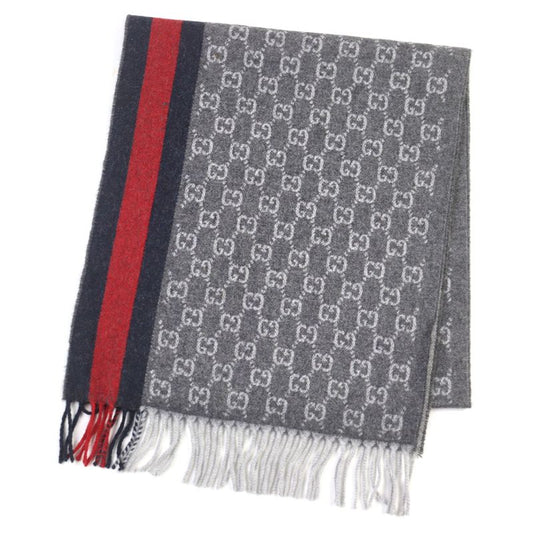 Gucci 391531 Cashmere 50% GG Logo All-over Webline Fringed Scarf Grayish 35 X