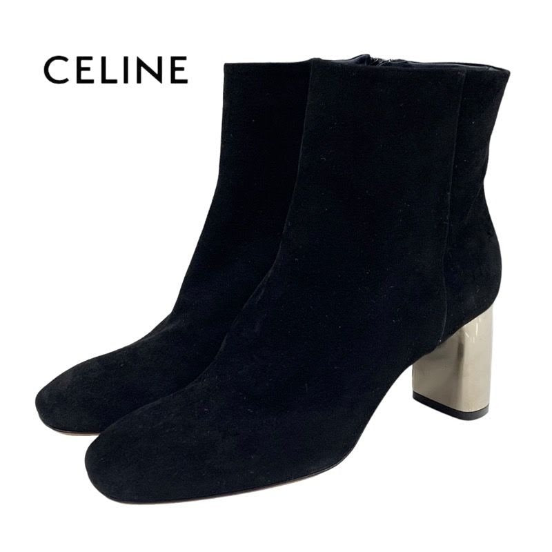 Celine Boots Short Shoes Bang Metal Heel Suede Black Silver