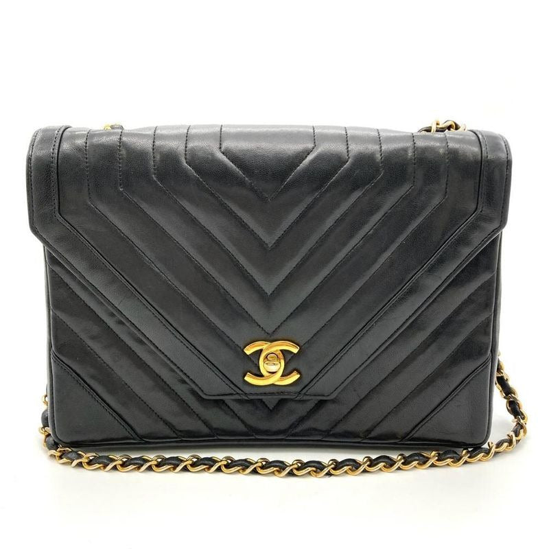Chanel V-Stitch Flap Shoulder Bag Lambskin Black