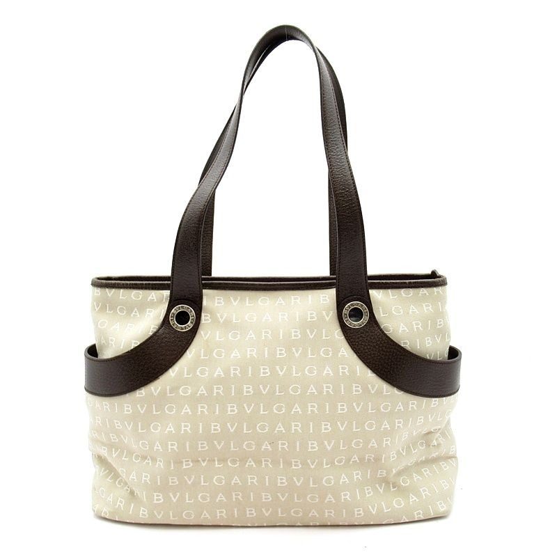 Bvlgari Logo Mania Tote Canvas Leather Beige