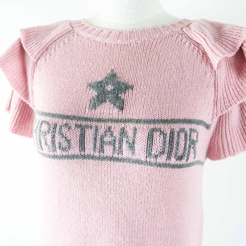 Christian DIOR 344s13bm003 100% Cashmere Frilled Short Sleeve Knit Pink Gray