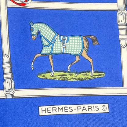 Hermes Silk 48 Horses In Paddock Scarf Blue