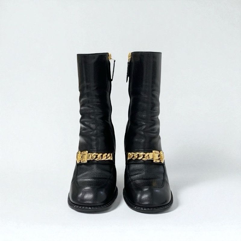 Gucci Boots Short Shoes Leather Black Gold Chain Belt