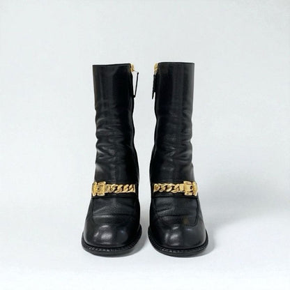 Gucci Boots Short Shoes Leather Black Gold Chain Belt