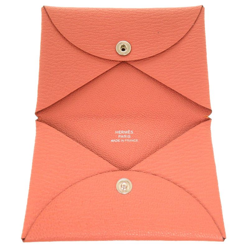 Hermes Calvi Chevre Flamingo Silver Hardware T Engraved Coin Case Wallet 0783