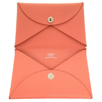 Hermes Calvi Chevre Flamingo Silver Hardware T Engraved Coin Case Wallet 0783