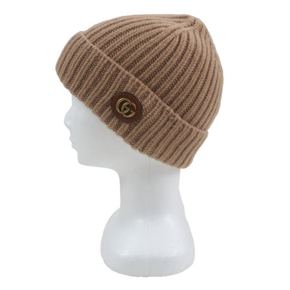 Gucci 764594 Double G Wool Cashmere Leather Use Cable Knit Hat Cap Beige M