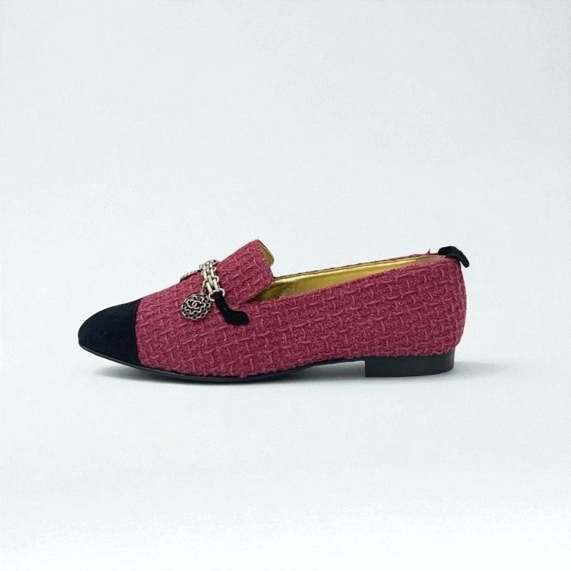 Chanel Flat Shoes Tweed Suede Pink Black Here Mark Chain Charm Opera Shoes