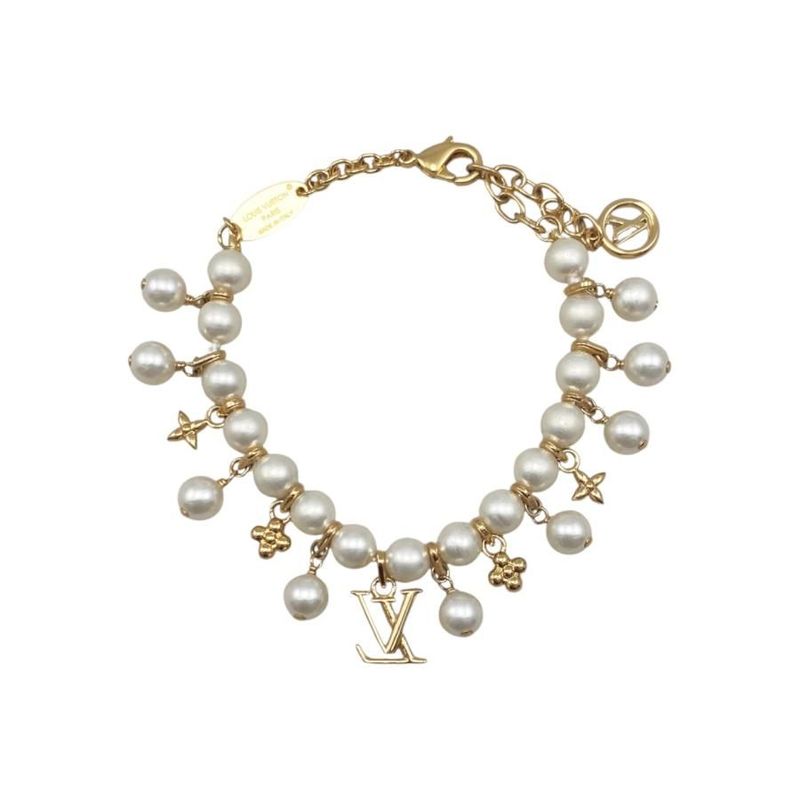Louis Vuitton Bracelet Pearl River M1685a Monogram Flower LV Logo White Gold
