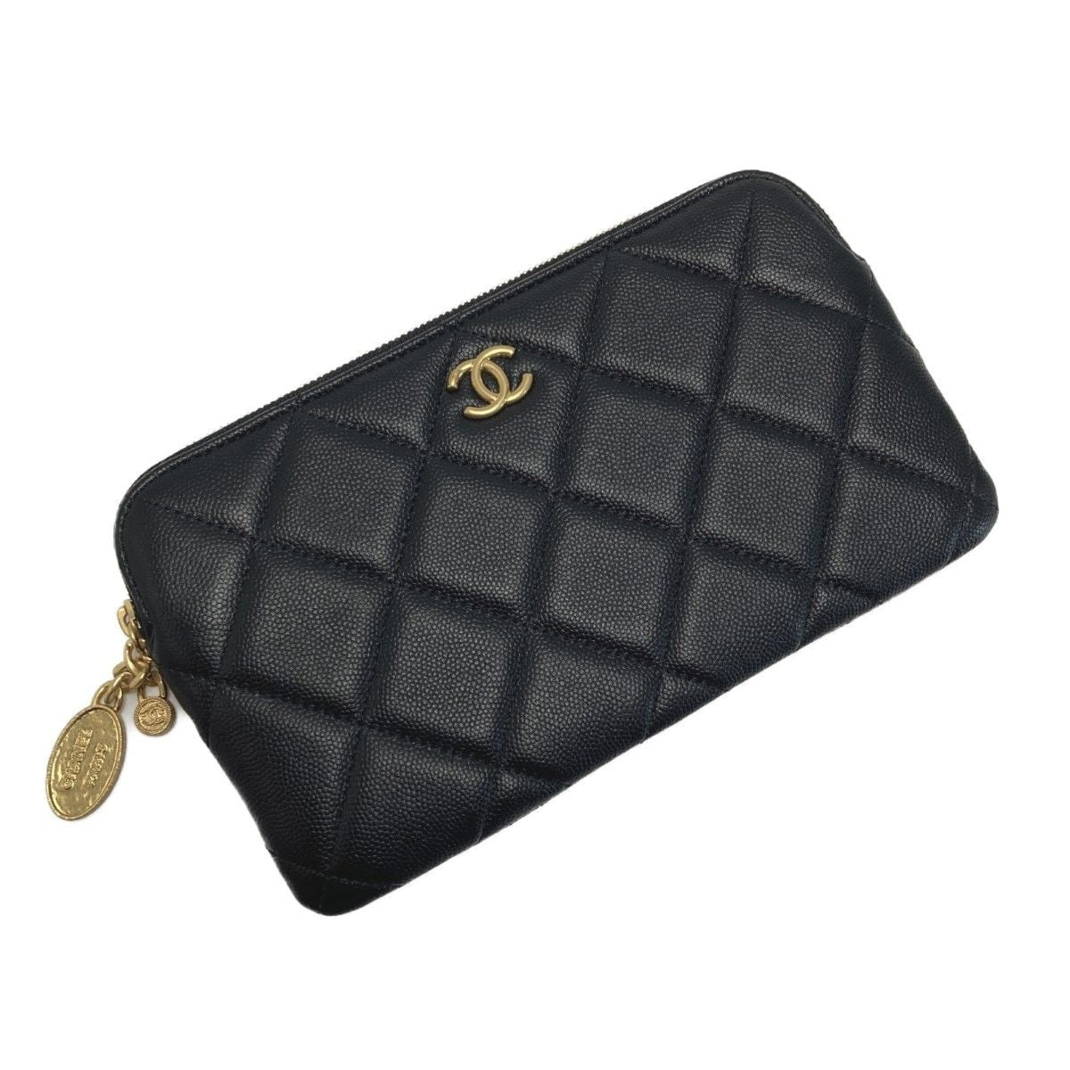 Chanel Coco Mark Quilted Pouch Black Caviar Leather Charm Clutch Bag