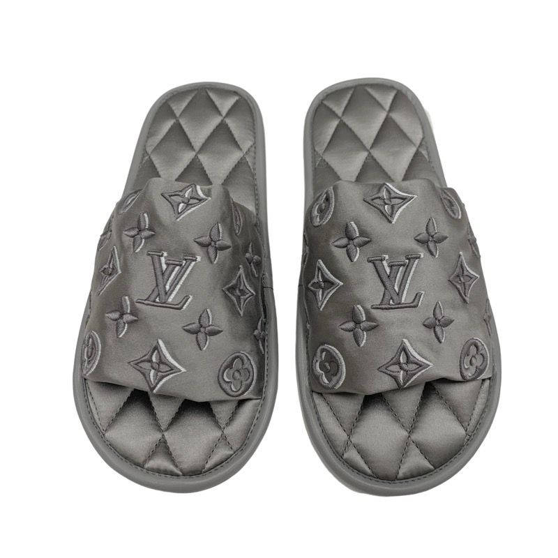 Louis Vuitton Homey Line Monogram Flat Shoes Satin Gray Unused Slippers Room