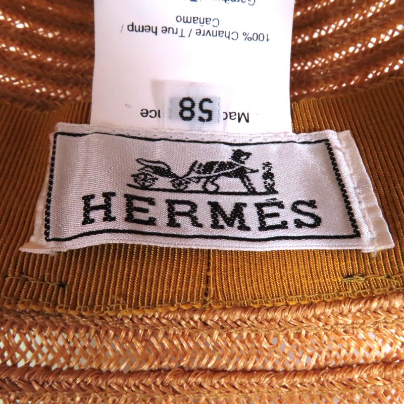 Hermes 100% Hemp Caramel H Embroidered Straw Hat 58 Hat With Box Made In France