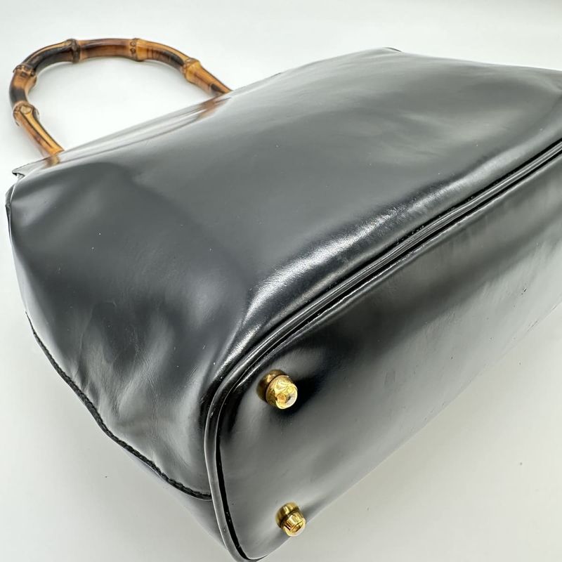 Gucci 000-781 Handbag Black Leather Bamboo Women Men Vintage Fashion  Gift