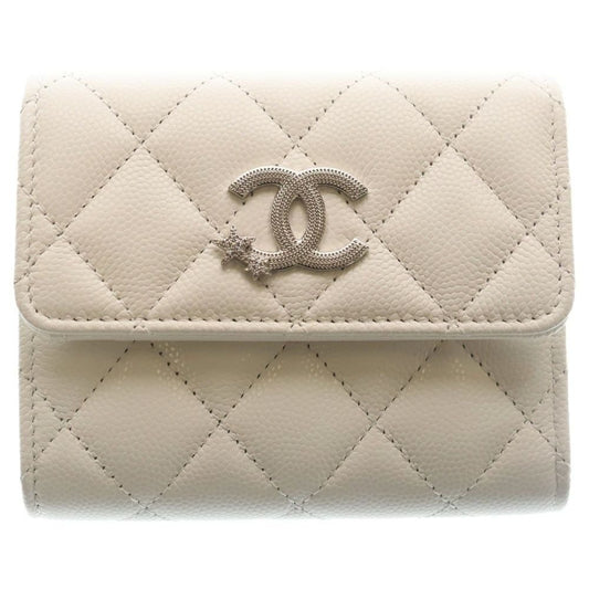 Chanel Quilted Star Logo Small Flap Wallet Trifold Coin Case White Leather