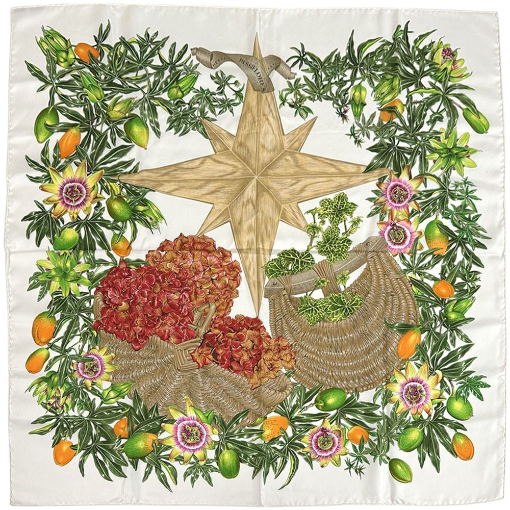 Hermes Scarf Carre 90 Passiflores Passion Flower Silk White