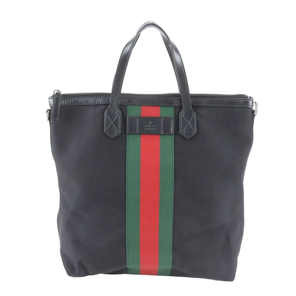Gucci Sherry Line Leather Canvas Tote Shoulder Business Black